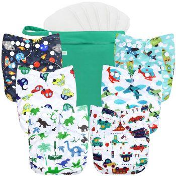 Six Wegreeco Cloth Diapers, One wetbag and six inserts