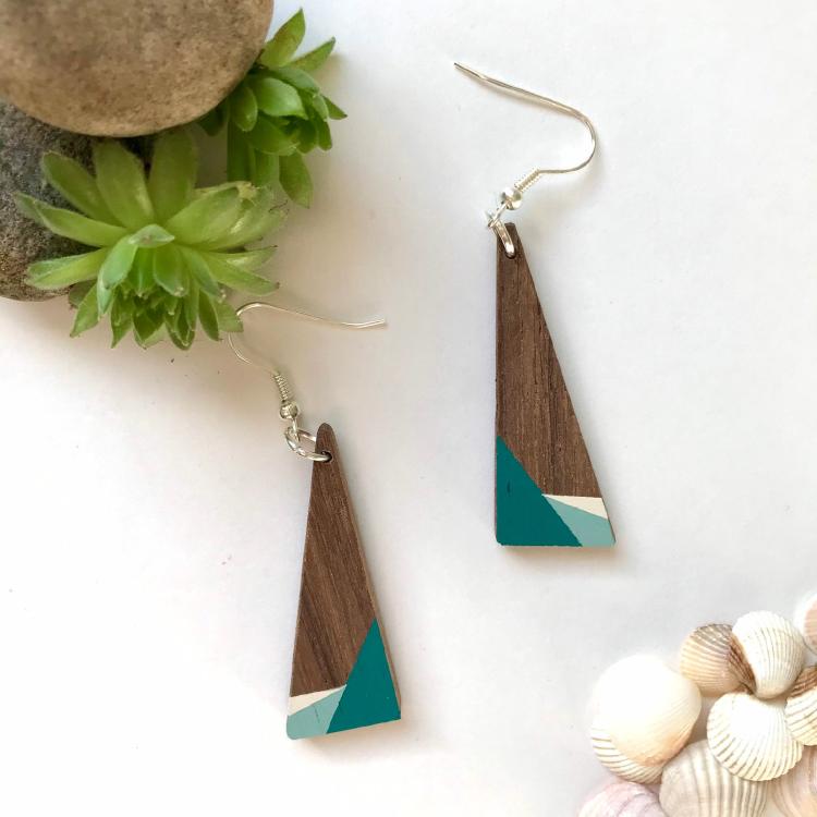Handmade recycled wooden black walnut eco earrings, hand painted with a geometric pattern in green and white
