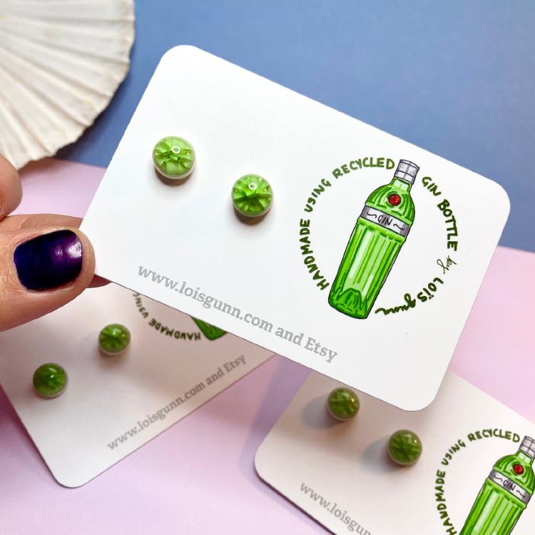 Stud earrings made with TANQUERAY Green recycled gin bottle glass Stud earrings made with TANQUERAY Green recycled gin bottle glass