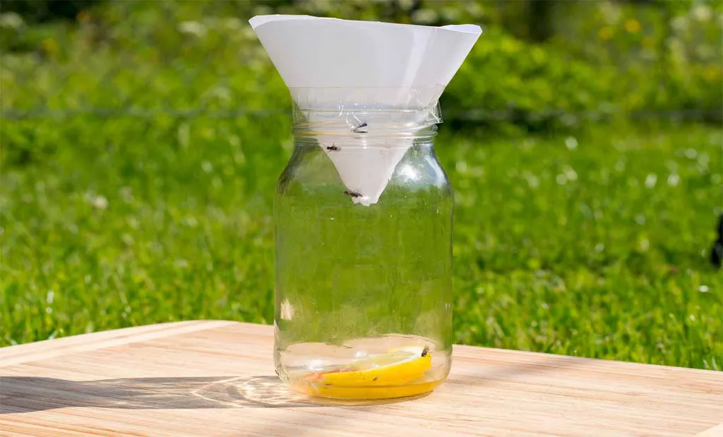 homemade fruit fly trap with paper cone, old fruit and vinegar in a jar