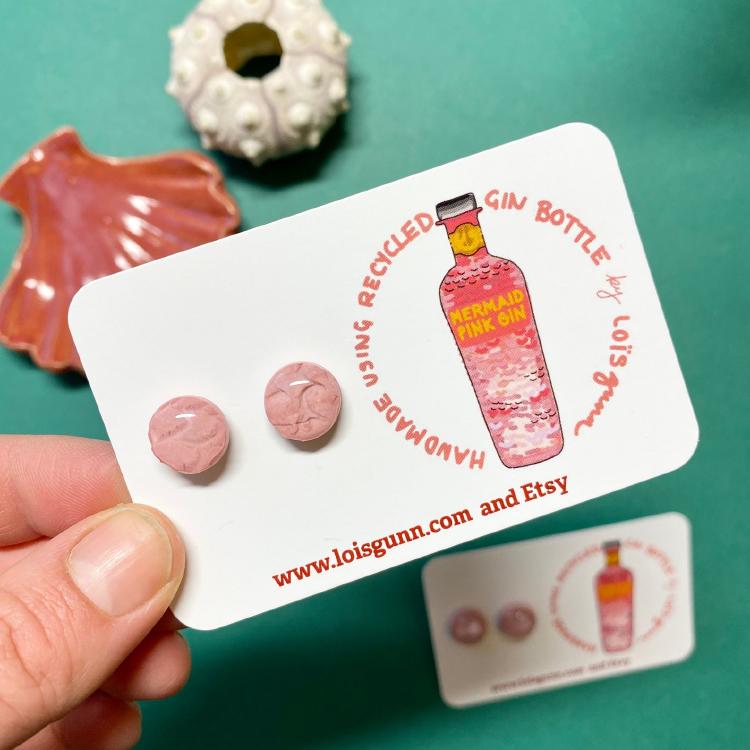 Stud earrings made with PINK MERMAID recycled gin bottle glass Stud earrings made with PINK MERMAID recycled gin bottle glass