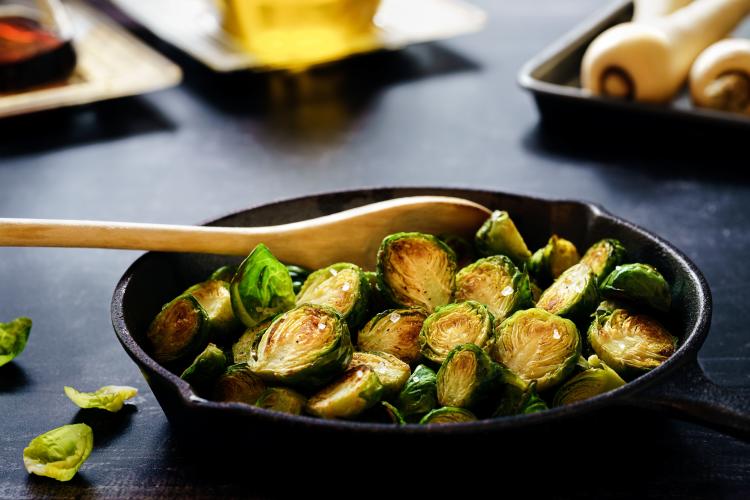 a skillet with brusels sprouts