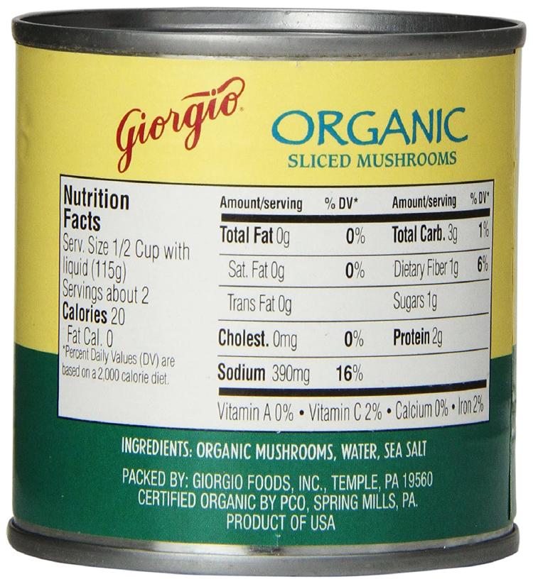 Giorgio Organic Sliced Mushrooms in a can, back view
