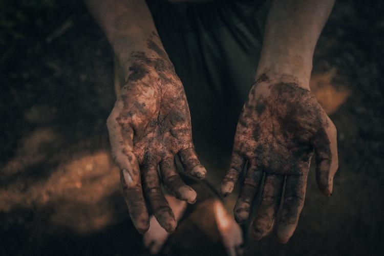 hands covered with soil