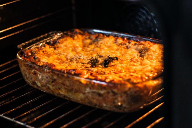 a vegan lasagna in the oven
