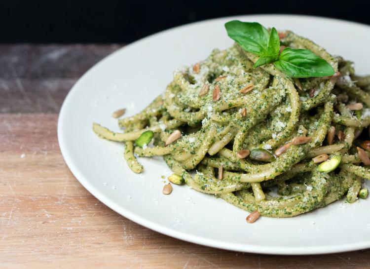 a plate of vegan zuchinni pesto